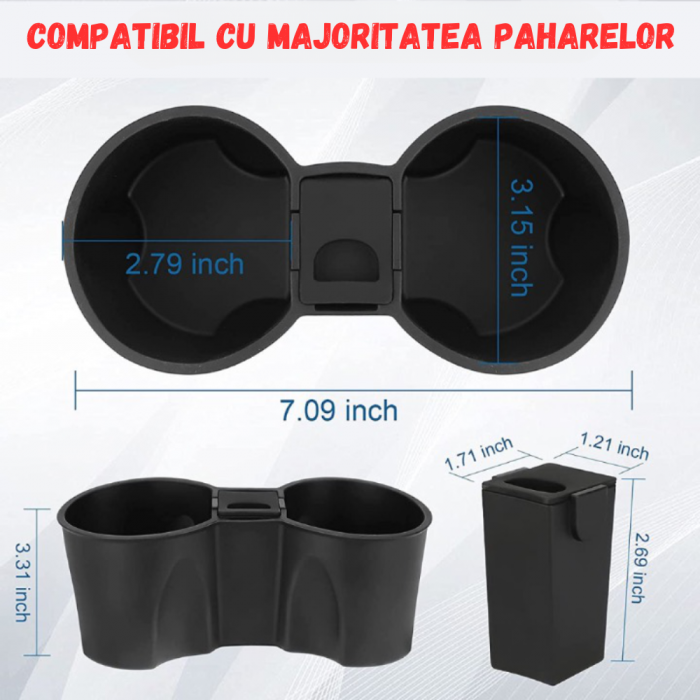 Suport auto pentru pahare, din silicon, cu depozitare incorporata, compatibil cu Tesla Model 3 2021-2023, Tesla Model Y 2021-2024, detasabil, BRAGUS®, negru [3]