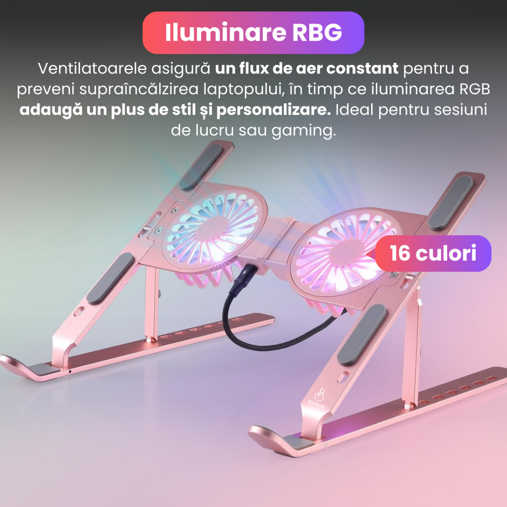 Suport pliabil pentru laptop, C9 Pro, BRAGUS, ventilatoare duble, 2 viteze, iluminare RBG, compatibil cu laptopuri pana la 17 inch, 7 niveluri de reglare, protectie anti-zgarieturi, pliabil [4]