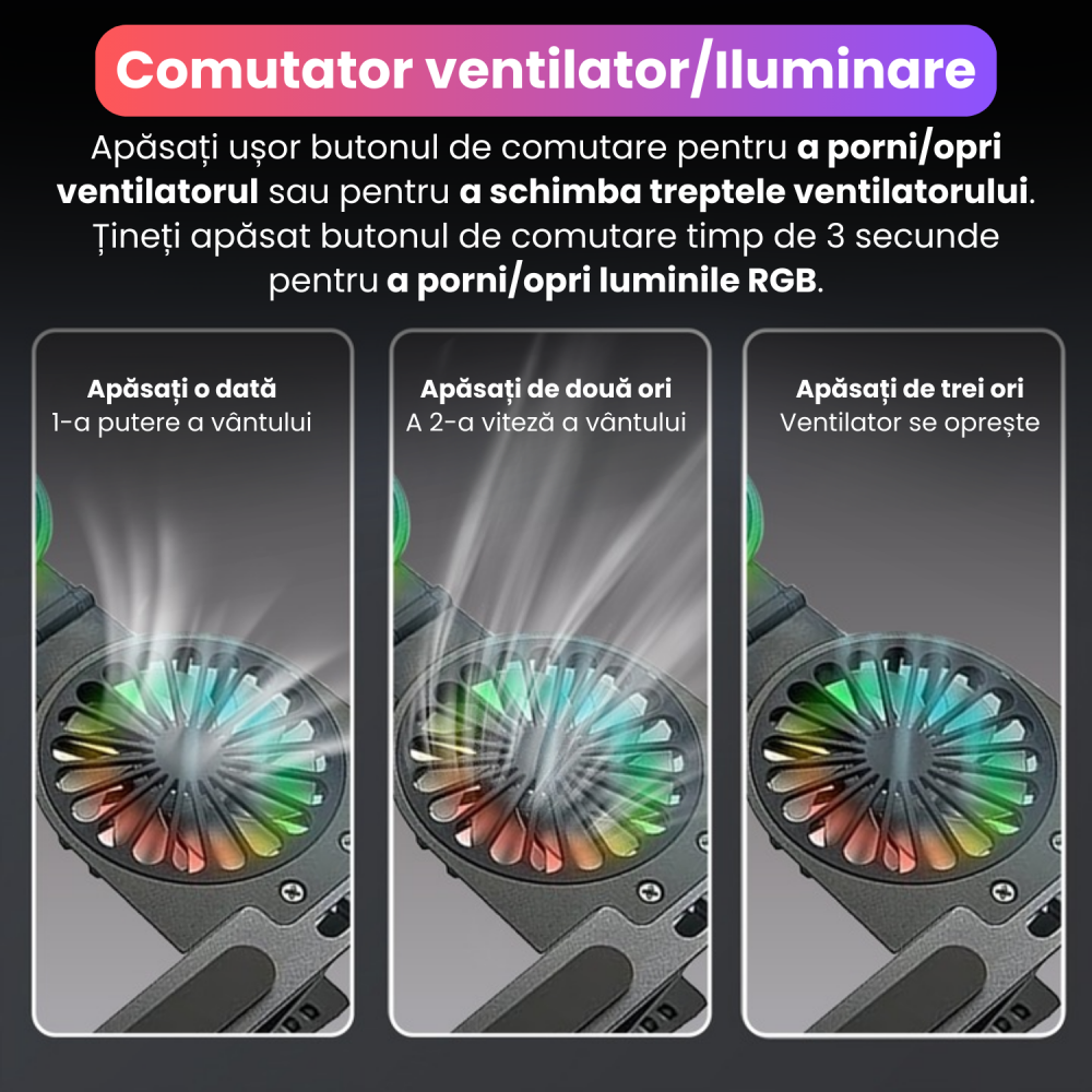 Suport pliabil pentru laptop, C9 Pro, BRAGUS, ventilatoare duble, 2 viteze, iluminare RBG, compatibil cu laptopuri pana la 17 inch, 7 niveluri de reglare, protectie anti-zgarieturi, pliabil [6]