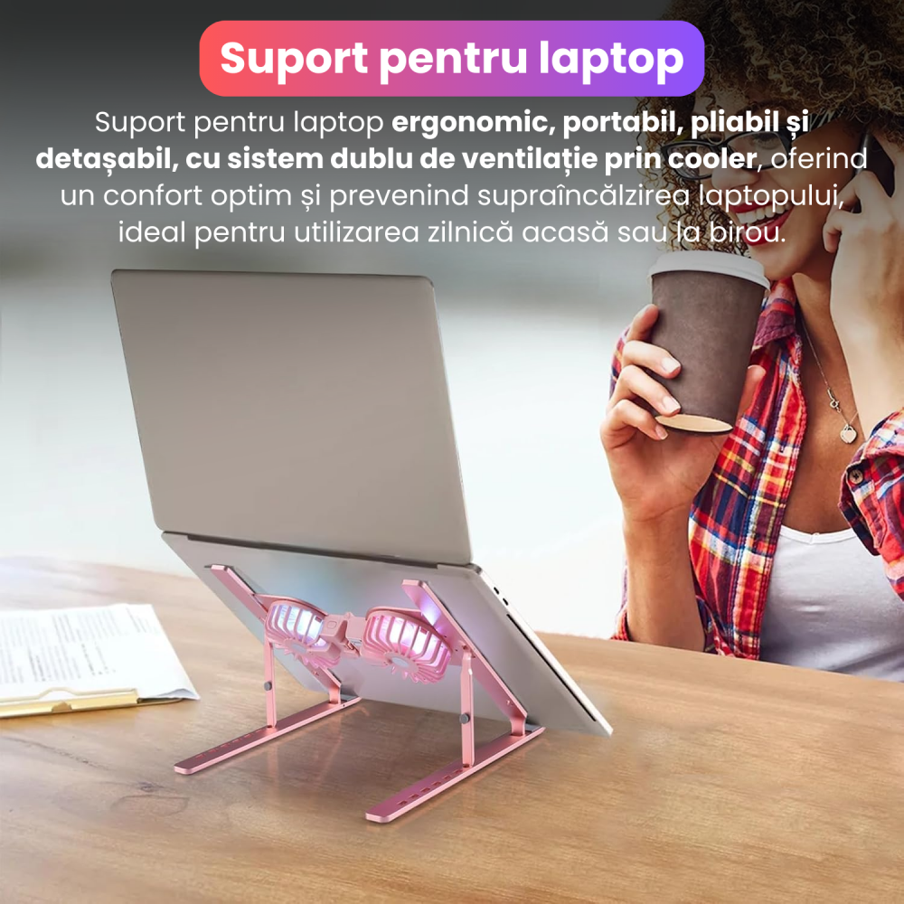 Suport pliabil pentru laptop, C9 Pro, BRAGUS, ventilatoare duble, 2 viteze, iluminare RBG, compatibil cu laptopuri pana la 17 inch, 7 niveluri de reglare, protectie anti-zgarieturi, pliabil [2]
