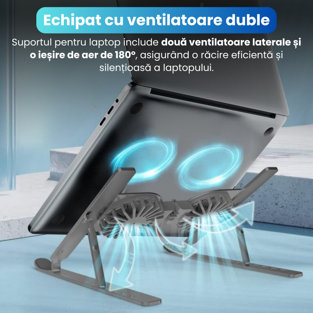Suport pliabil pentru laptop, C9 Pro, BRAGUS, ventilatoare duble, 2 viteze, iluminare RBG, compatibil cu laptopuri pana la 17 inch, 7 niveluri de reglare, protectie anti-zgarieturi, pliabil [5]
