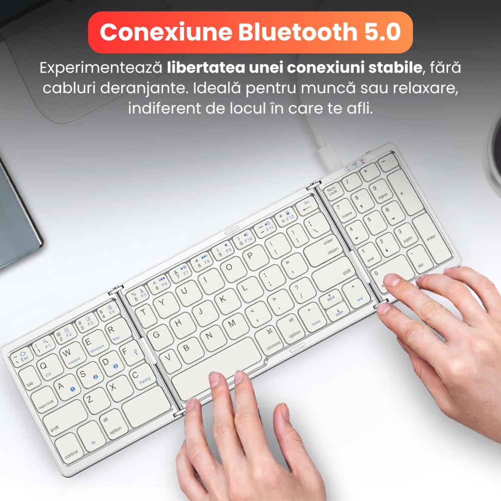 Tastatura Pliabila Ultra Subtire, Bluetooth 5.0, Reincarcabila USB, 140mAh, Autonomie 100h, Pliabila in 3 sectiuni, 3 Conectari Simultane, Wireless, Compatibila cu Android, iOS, Smart TV, PC, 200g [9]