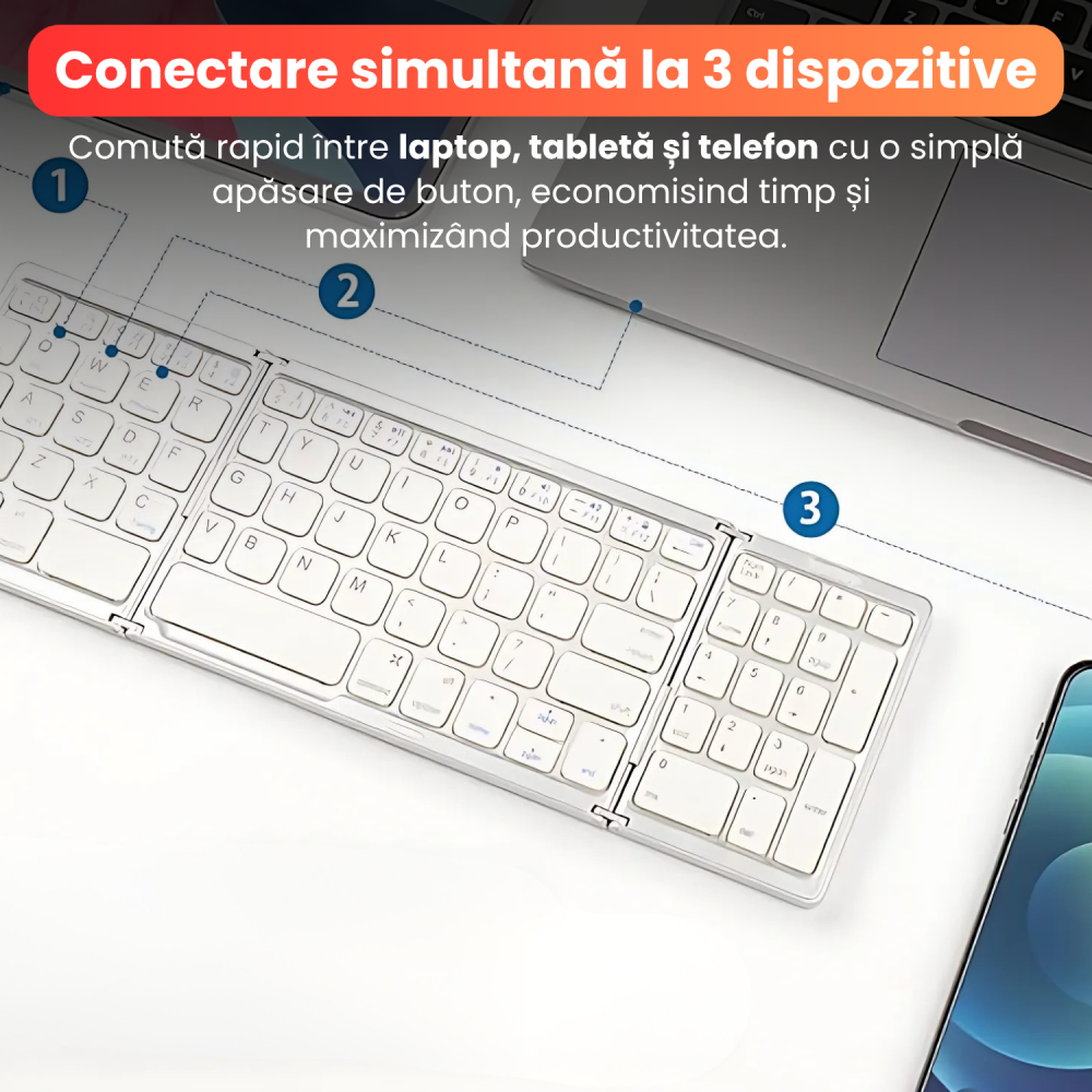 Tastatura Pliabila Ultra Subtire, Bluetooth 5.0, Reincarcabila USB, 140mAh, Autonomie 100h, Pliabila in 3 sectiuni, 3 Conectari Simultane, Wireless, Compatibila cu Android, iOS, Smart TV, PC, 200g [11]