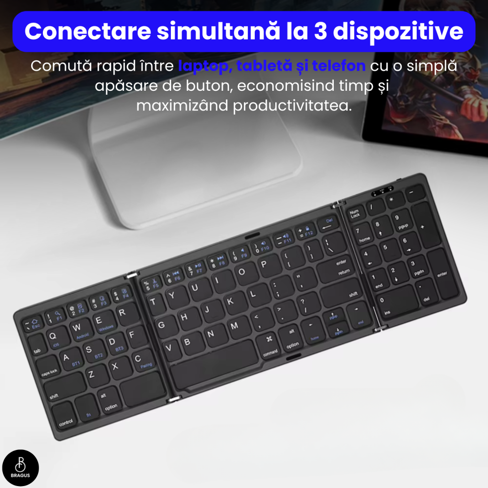 Tastatura Pliabila Ultra Subtire, Bluetooth 5.0, Reincarcabila USB, 140mAh, Autonomie 100h, Pliabila in 3 sectiuni, 3 Conectari Simultane, Wireless, Compatibila cu Android, iOS, Smart TV, PC, 200g [12]