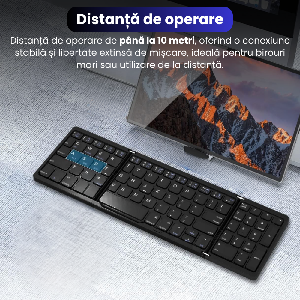 Tastatura Pliabila Ultra Subtire, Bluetooth 5.0, Reincarcabila USB, 140mAh, Autonomie 100h, Pliabila in 3 sectiuni, 3 Conectari Simultane, Wireless, Compatibila cu Android, iOS, Smart TV, PC, 200g [7]