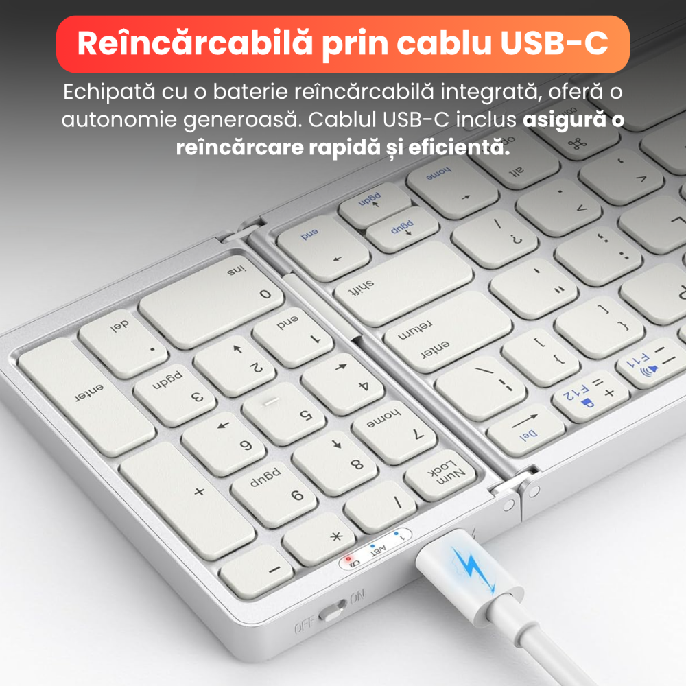 Tastatura Pliabila Ultra Subtire, Bluetooth 5.0, Reincarcabila USB, 140mAh, Autonomie 100h, Pliabila in 3 sectiuni, 3 Conectari Simultane, Wireless, Compatibila cu Android, iOS, Smart TV, PC, 200g [12]