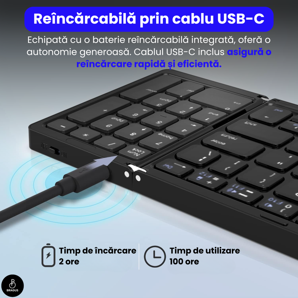 Tastatura Pliabila Ultra Subtire, Bluetooth 5.0, Reincarcabila USB, 140mAh, Autonomie 100h, Pliabila in 3 sectiuni, 3 Conectari Simultane, Wireless, Compatibila cu Android, iOS, Smart TV, PC, 200g [13]