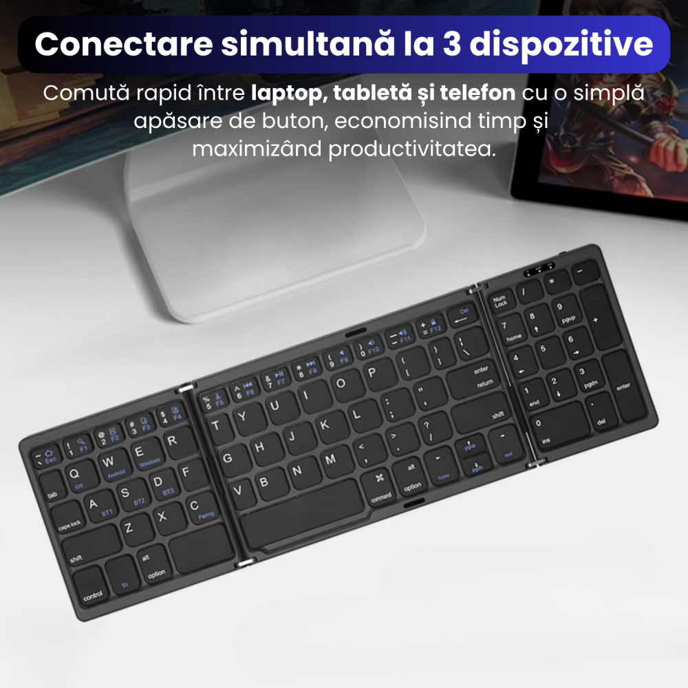 Tastatura Pliabila Ultra Subtire, Bluetooth 5.0, Reincarcabila USB, 140mAh, Autonomie 100h, Pliabila in 3 sectiuni, 3 Conectari Simultane, Wireless, Compatibila cu Android, iOS, Smart TV, PC, 200g [5]