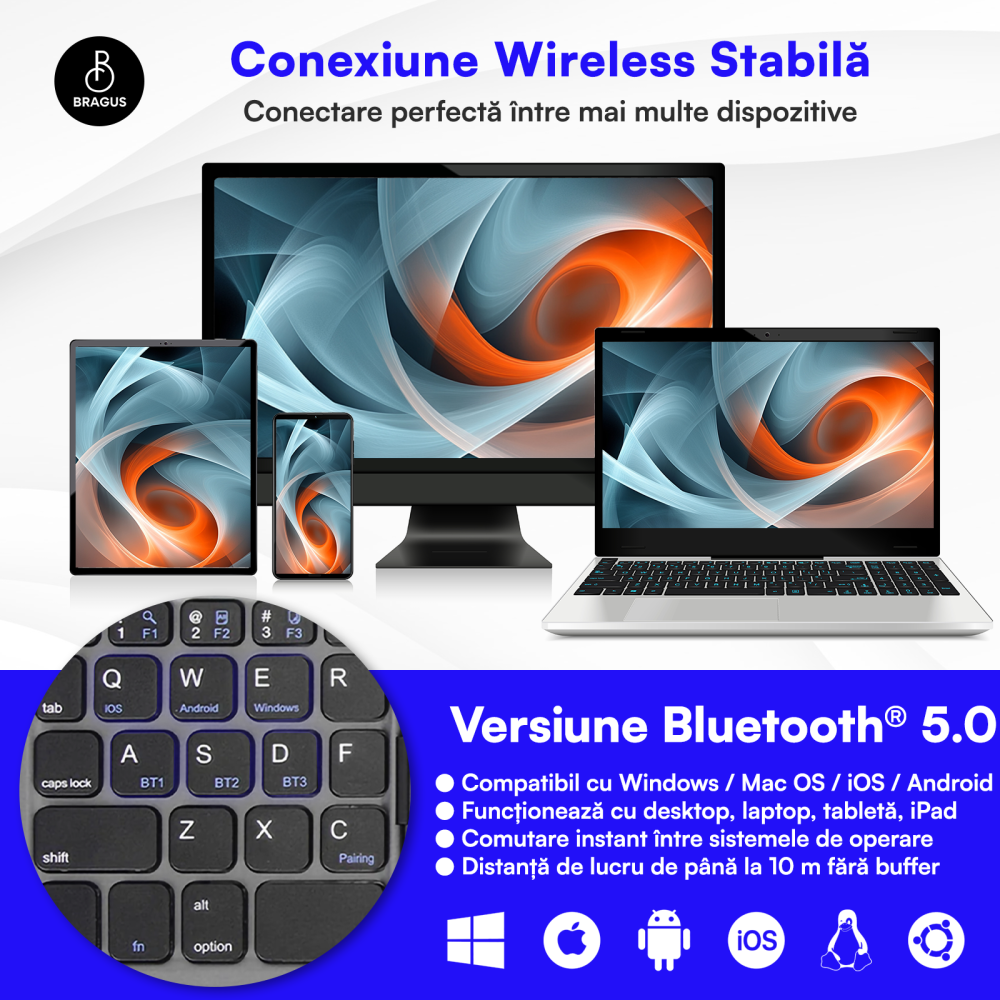 Tastatura Pliabila Ultra Subtire, Bluetooth 5.0, Reincarcabila USB, 140mAh, Autonomie 100h, Pliabila in 3 sectiuni, 3 Conectari Simultane, Wireless, Compatibila cu Android, iOS, Smart TV, PC, 200g [5]