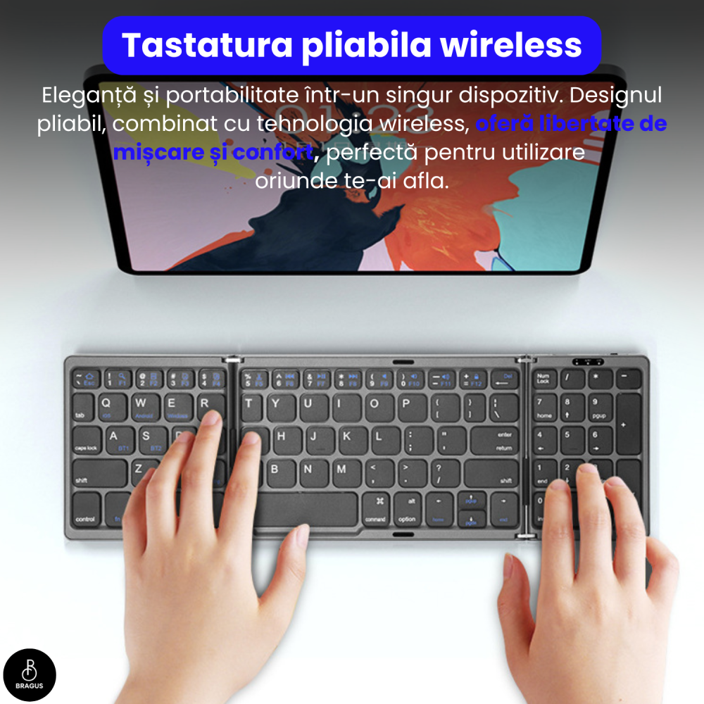 Tastatura Pliabila Ultra Subtire, Bluetooth 5.0, Reincarcabila USB, 140mAh, Autonomie 100h, Pliabila in 3 sectiuni, 3 Conectari Simultane, Wireless, Compatibila cu Android, iOS, Smart TV, PC, 200g [9]
