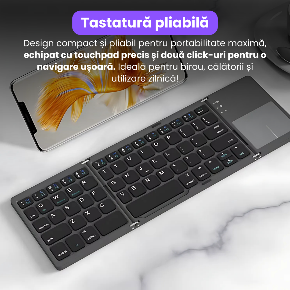 Tastatura Wireless Pliabila, Ultra Subtire, Portabila, Reincarcabila USB-C, Touch Pad cu 2 click- uri, Pliabila in 3 sectiuni, Bluetooth 5.0, Compatibila Android, iOS, Smart TV, Tableta, PC, 200g [2]