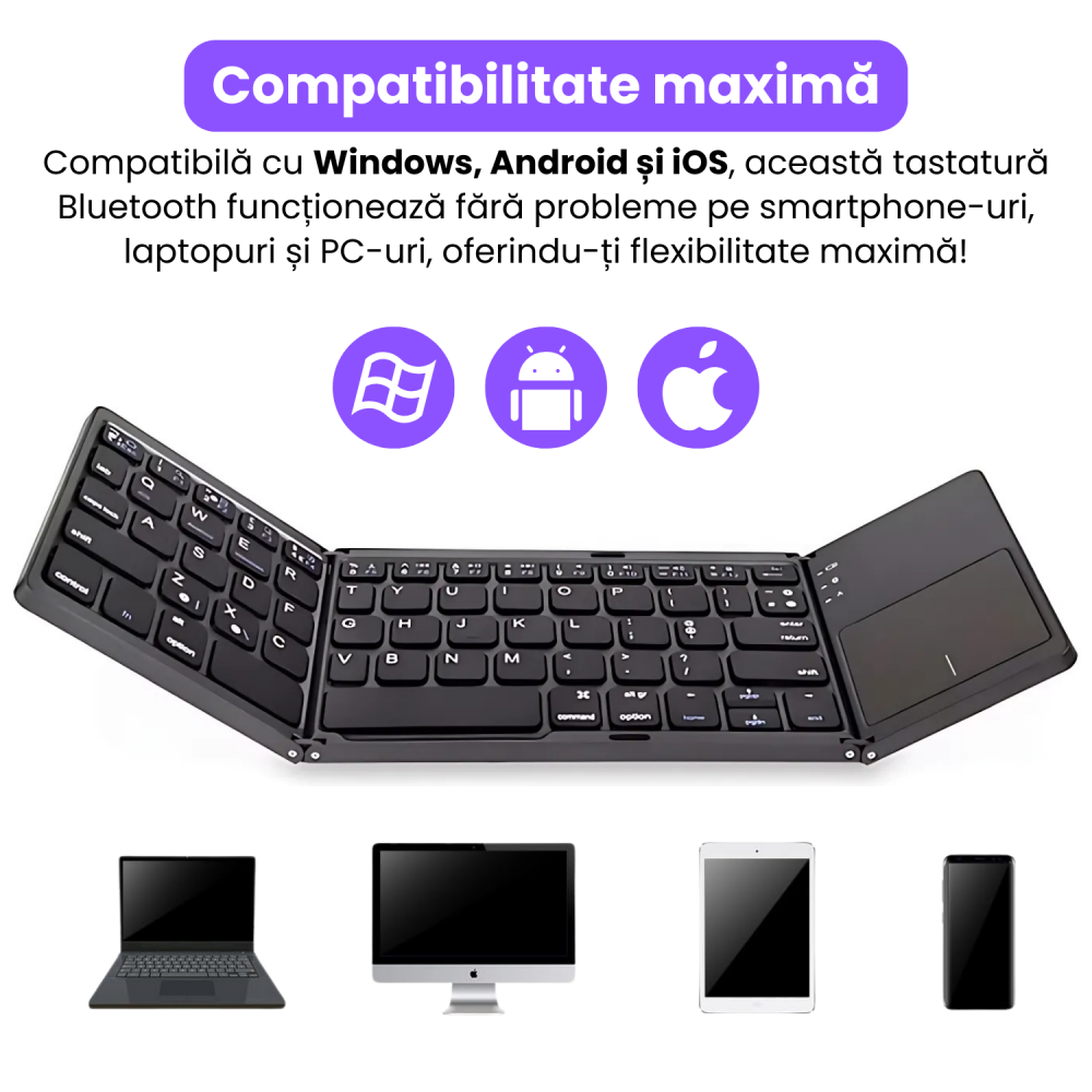 Tastatura Wireless Pliabila, Ultra Subtire, Portabila, Reincarcabila USB-C, Touch Pad cu 2 click- uri, Pliabila in 3 sectiuni, Bluetooth 5.0, Compatibila Android, iOS, Smart TV, Tableta, PC, 200g [3]