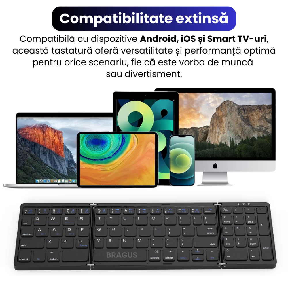 Tastatura Pliabila Ultra Subtire, Bluetooth 5.0, Reincarcabila USB, 140mAh, Autonomie 100h, Pliabila in 3 sectiuni, 3 Conectari Simultane, Wireless, Compatibila cu Android, iOS, Smart TV, PC, 200g [4]