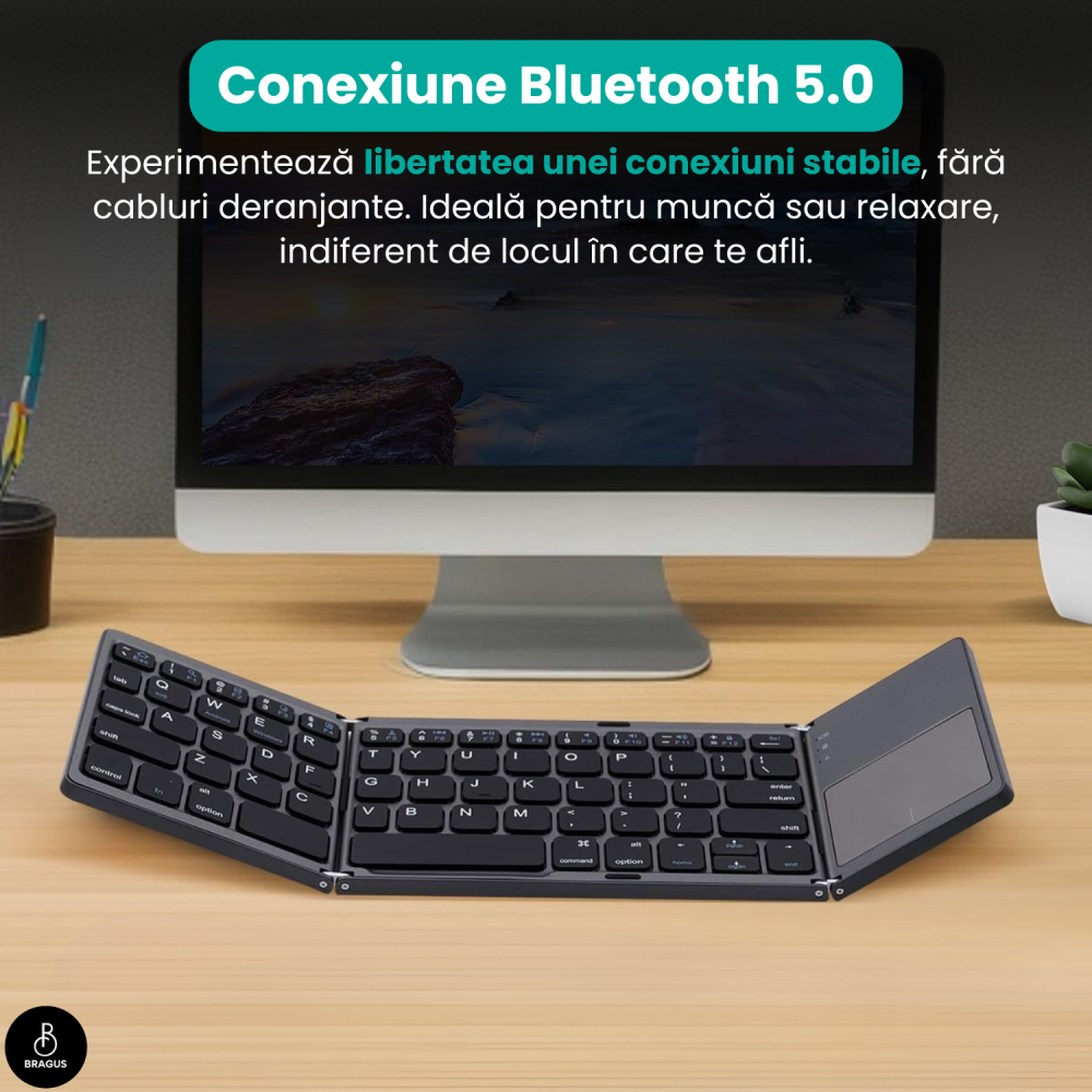 Tastatura Wireless Pliabila, Ultra Subtire, Portabila, Reincarcabila USB-C, Touch Pad cu 2 click- uri, Pliabila in 3 sectiuni, Bluetooth 5.0, Compatibila Android, iOS, Smart TV, Tableta, PC, 200g [11]