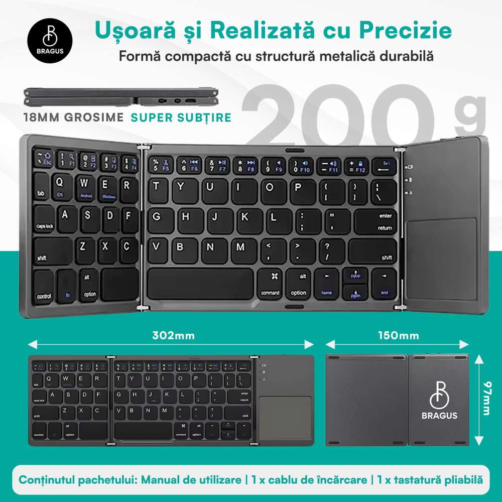Tastatura Wireless Pliabila, Ultra Subtire, Portabila, Reincarcabila USB-C, Touch Pad cu 2 click- uri, Pliabila in 3 sectiuni, Bluetooth 5.0, Compatibila Android, iOS, Smart TV, Tableta, PC, 200g [3]