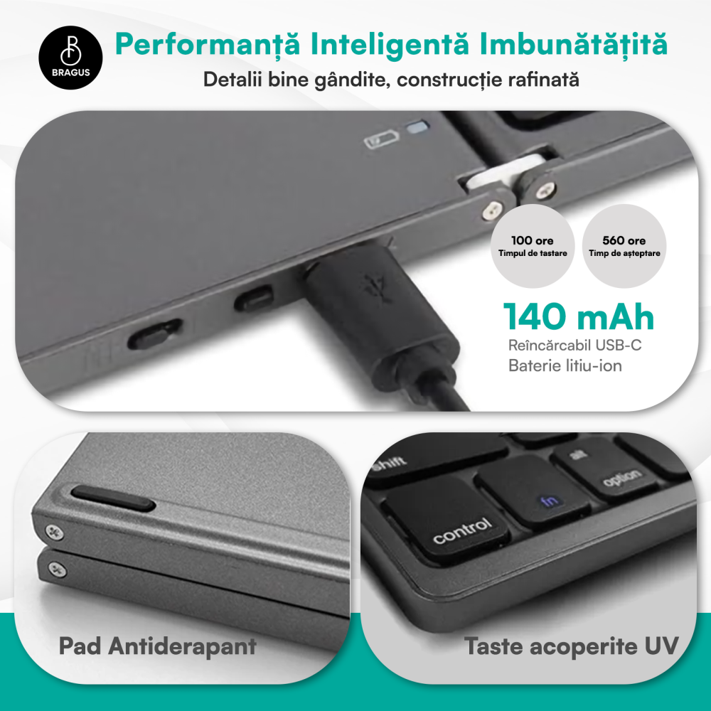 Tastatura Wireless Pliabila, Ultra Subtire, Portabila, Reincarcabila USB-C, Touch Pad cu 2 click- uri, Pliabila in 3 sectiuni, Bluetooth 5.0, Compatibila Android, iOS, Smart TV, Tableta, PC, 200g [6]