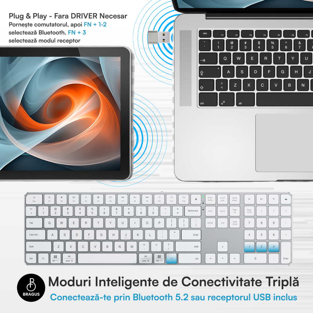 Tastatura Wireless Reincarcabila, Bluetooth 5.2, 500mAh, Ultra Subtire, Aluminiu, Click Scissor Switch, Conectare pe 3 Dispozitive, Compatibila PC, Windows, Mac, iOS, Android, Type- C, 495g [5]