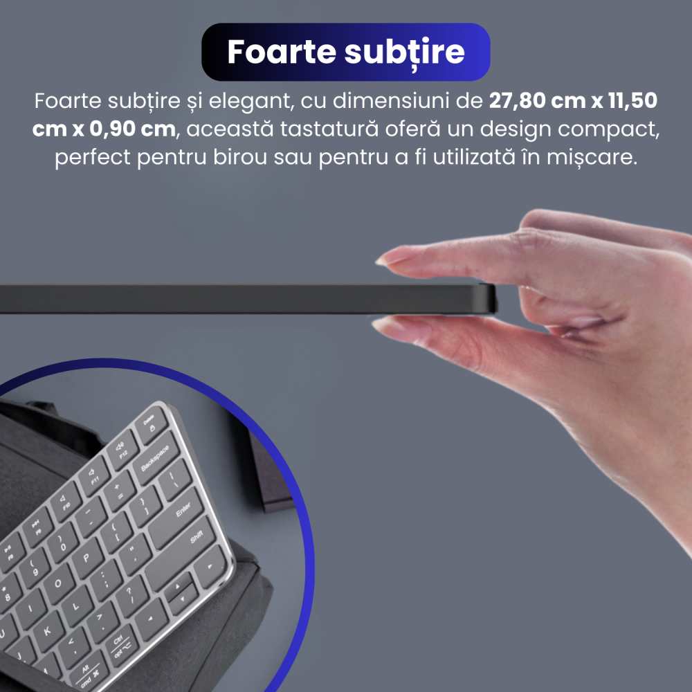 Tastatura Wireless Reincarcabila, BRAGUS, Bluetooth 5.1, USB, 500mAh, Ultra Subtire, Aluminiu, Conectare Simultana pe 3 Dispozitive, Compatibila PC, Windows, Mac, iOS, Android, Type-C, 230g [3]