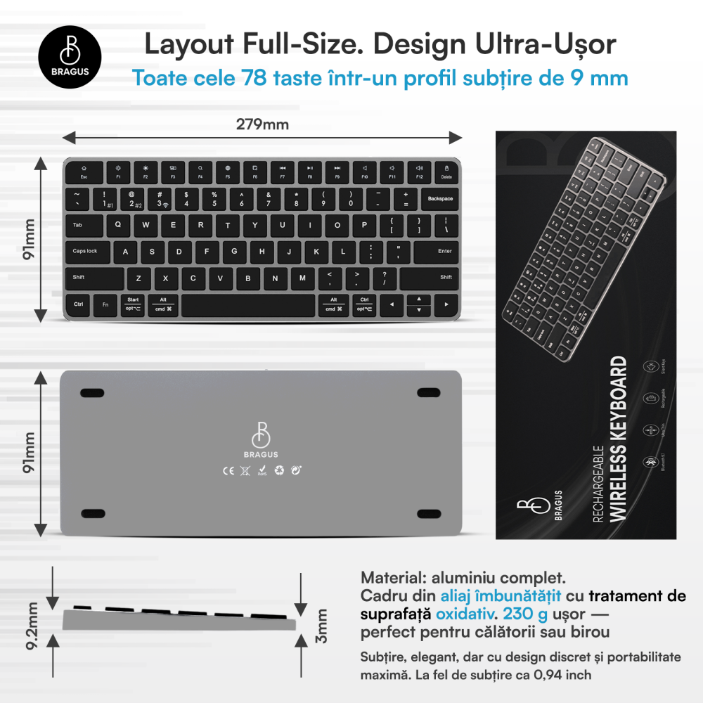 Tastatura Wireless Reincarcabila, BRAGUS, Bluetooth 5.1, USB, 500mAh, Ultra Subtire, Aluminiu, Conectare Simultana pe 3 Dispozitive, Compatibila PC, Windows, Mac, iOS, Android, Type-C, 230g [3]