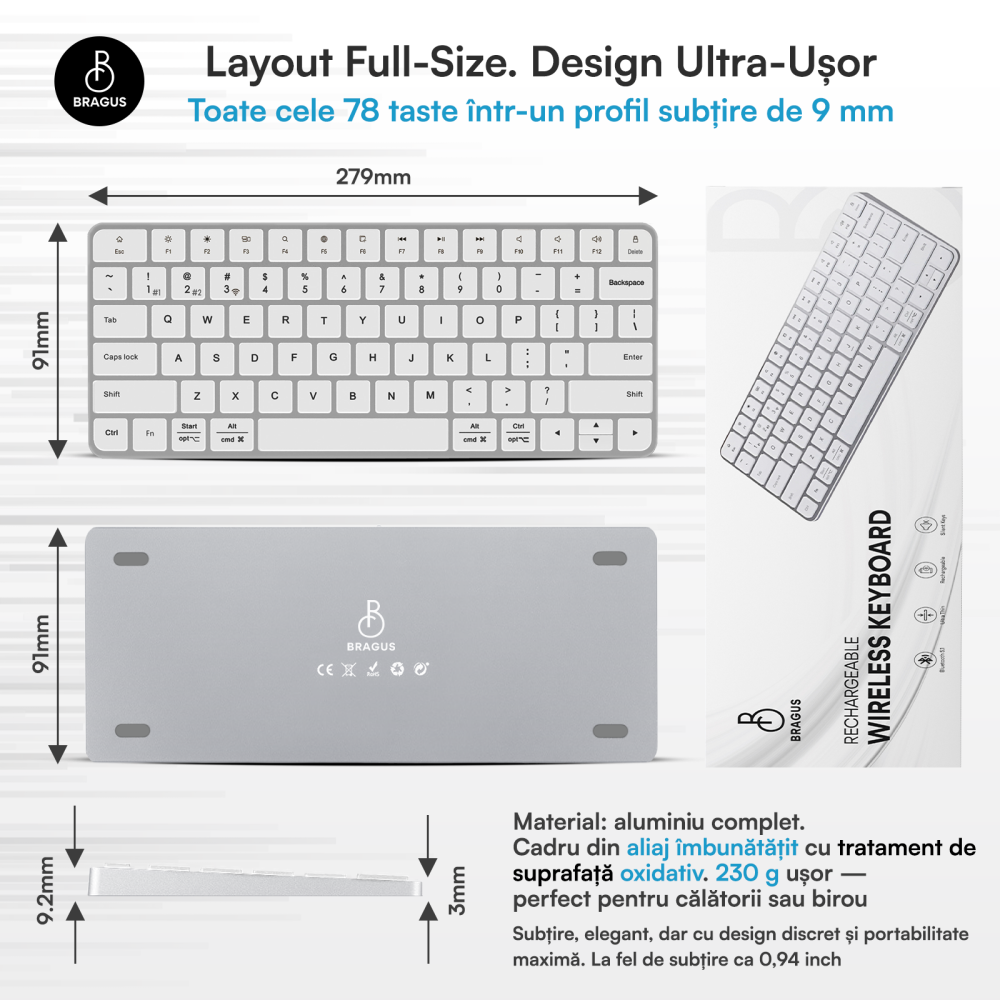Tastatura Wireless Reincarcabila, BRAGUS, Bluetooth 5.1, USB, 500mAh, Ultra Subtire, Aluminiu, Conectare Simultana pe 3 Dispozitive, Compatibila PC, Windows, Mac, iOS, Android, Type-C, 230g [3]