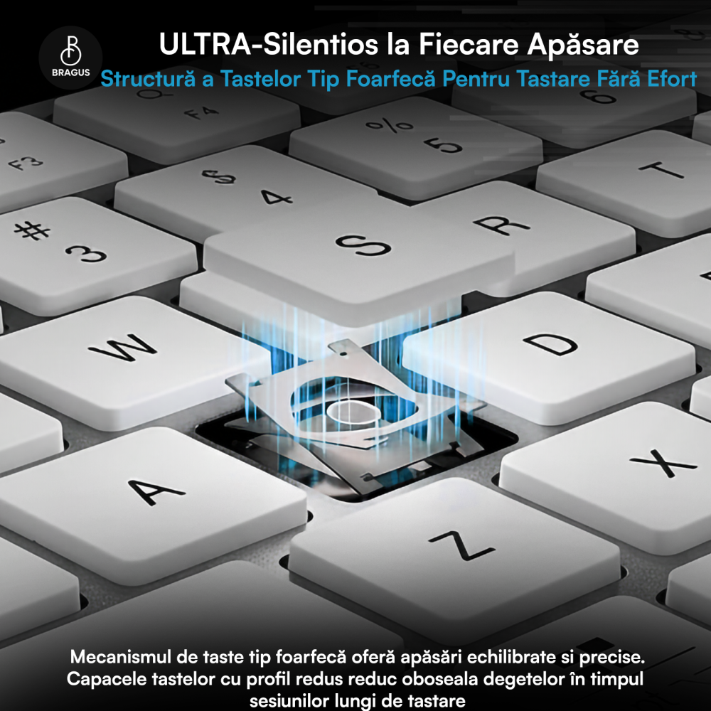 Tastatura Wireless Reincarcabila, BRAGUS, Bluetooth 5.1, USB, 500mAh, Ultra Subtire, Aluminiu, Conectare Simultana pe 3 Dispozitive, Compatibila PC, Windows, Mac, iOS, Android, Type-C, 230g [4]