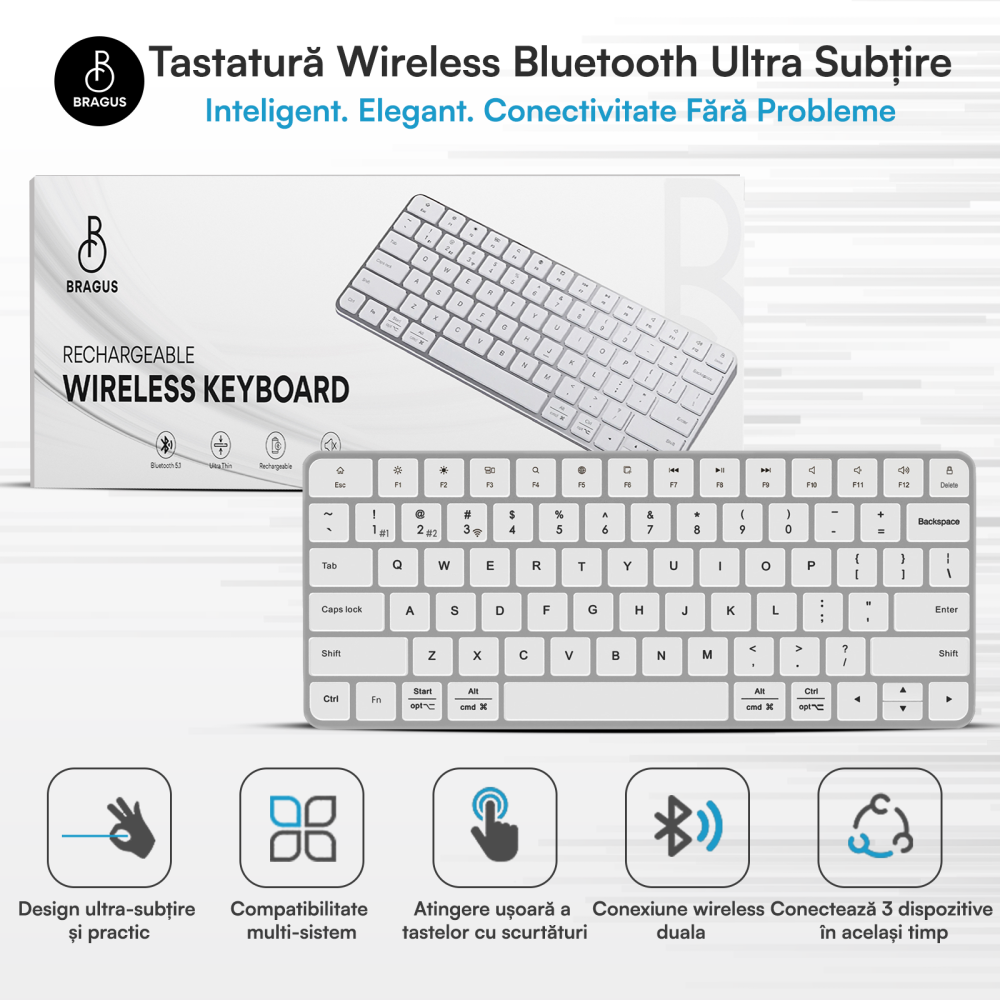Tastatura Wireless Reincarcabila, BRAGUS, Bluetooth 5.1, USB, 500mAh, Ultra Subtire, Aluminiu, Conectare Simultana pe 3 Dispozitive, Compatibila PC, Windows, Mac, iOS, Android, Type-C, 230g [2]