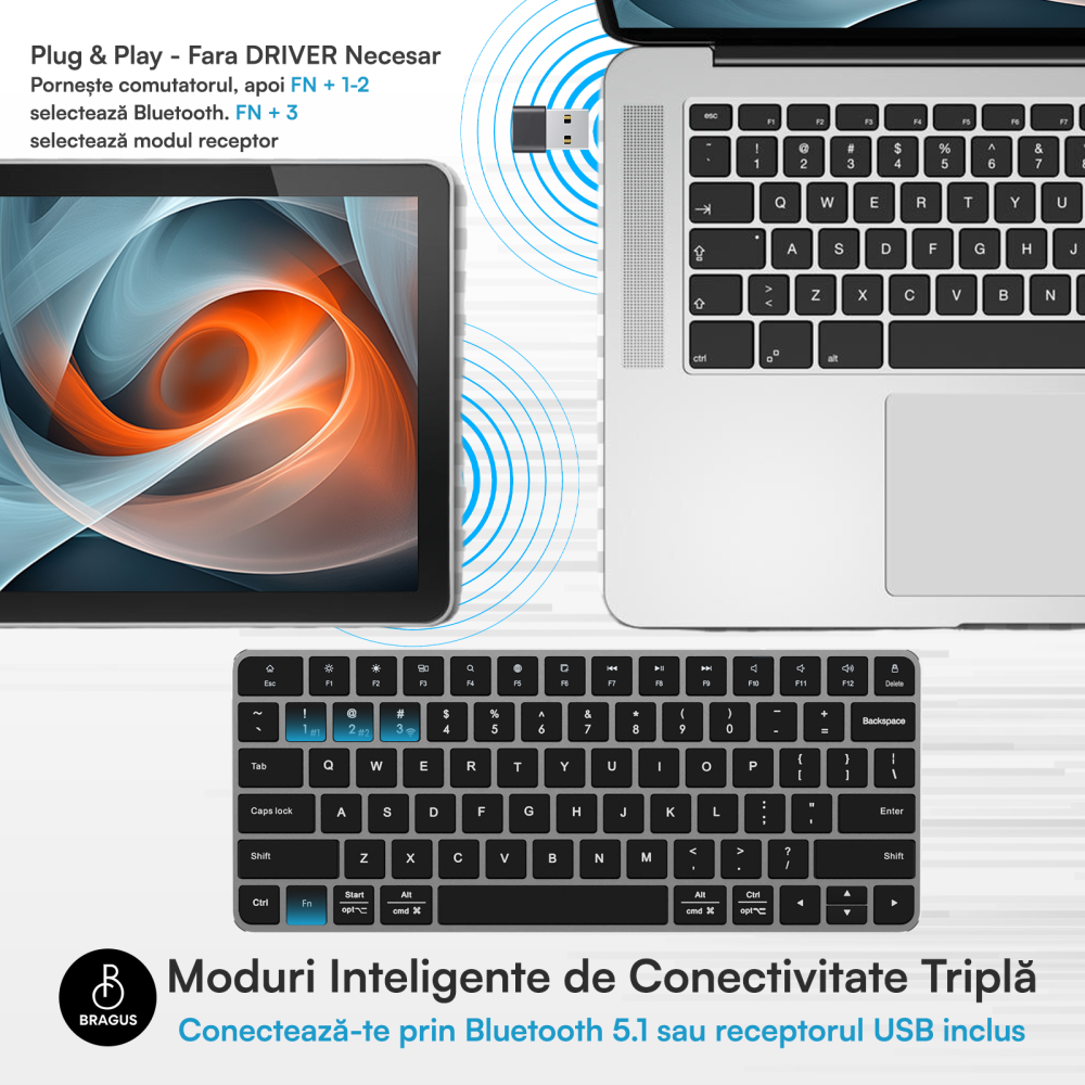 Tastatura Wireless Reincarcabila, BRAGUS, Bluetooth 5.1, USB, 500mAh, Ultra Subtire, Aluminiu, Conectare Simultana pe 3 Dispozitive, Compatibila PC, Windows, Mac, iOS, Android, Type-C, 230g [5]