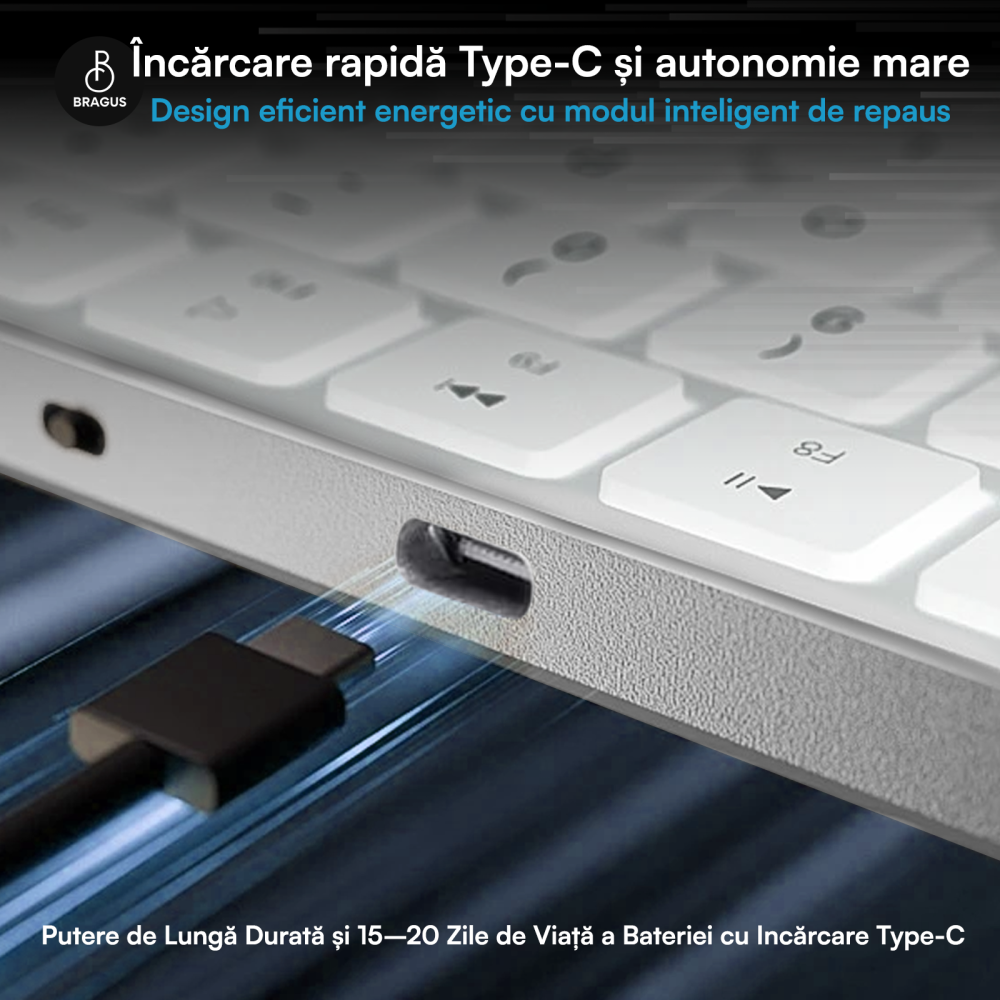 Tastatura Wireless Reincarcabila, BRAGUS, Bluetooth 5.1, USB, 500mAh, Ultra Subtire, Aluminiu, Conectare Simultana pe 3 Dispozitive, Compatibila PC, Windows, Mac, iOS, Android, Type-C, 230g [7]