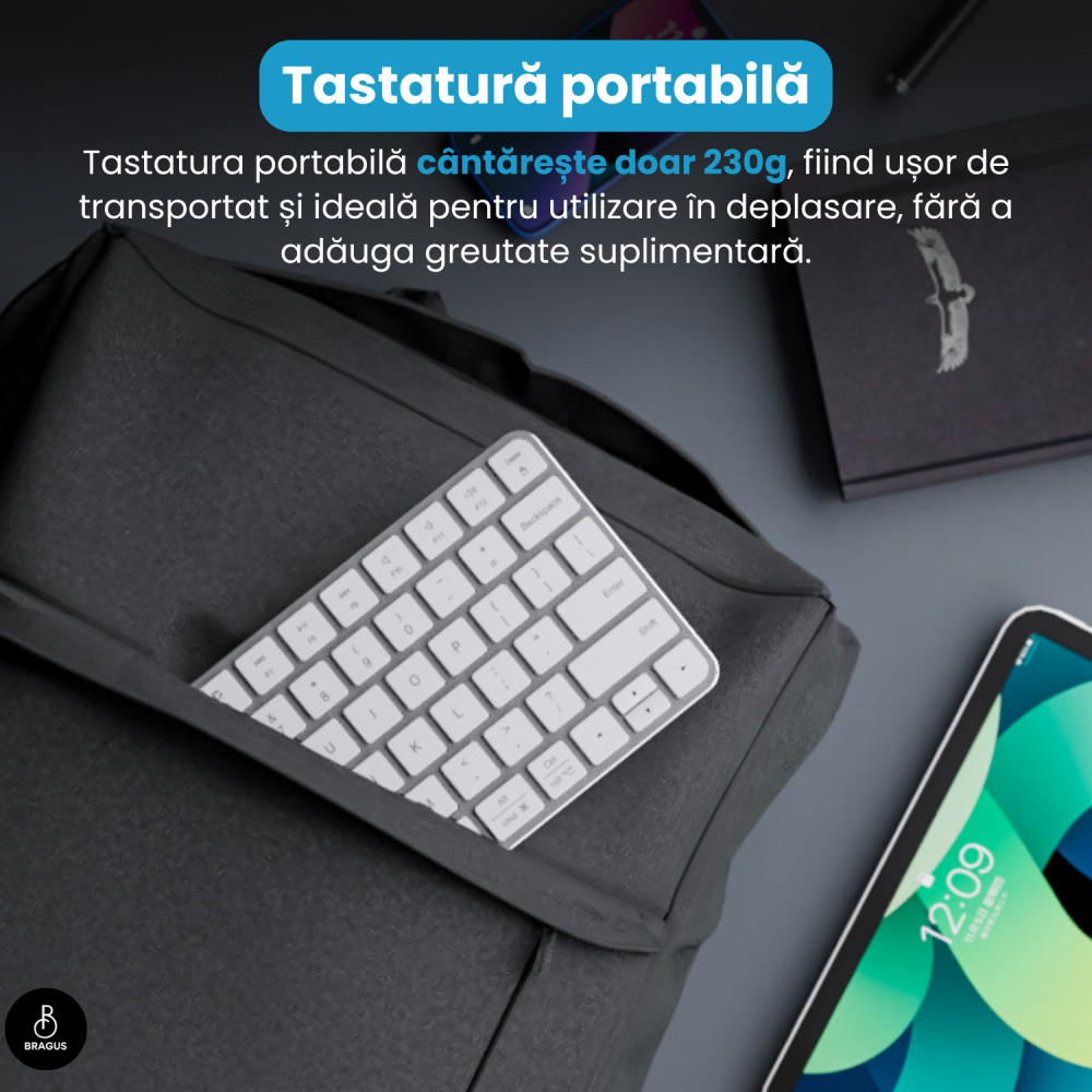 Tastatura Wireless Reincarcabila, BRAGUS, Bluetooth 5.1, USB, 500mAh, Ultra Subtire, Aluminiu, Conectare Simultana pe 3 Dispozitive, Compatibila PC, Windows, Mac, iOS, Android, Type-C, 230g [14]