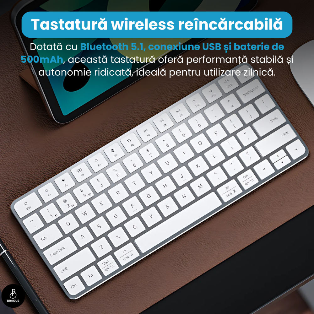 Tastatura Wireless Reincarcabila, BRAGUS, Bluetooth 5.1, USB, 500mAh, Ultra Subtire, Aluminiu, Conectare Simultana pe 3 Dispozitive, Compatibila PC, Windows, Mac, iOS, Android, Type-C, 230g [9]