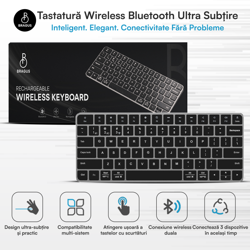 Tastatura Wireless Reincarcabila, BRAGUS, Bluetooth 5.1, USB, 500mAh, Ultra Subtire, Aluminiu, Conectare Simultana pe 3 Dispozitive, Compatibila PC, Windows, Mac, iOS, Android, Type-C, 230g [2]