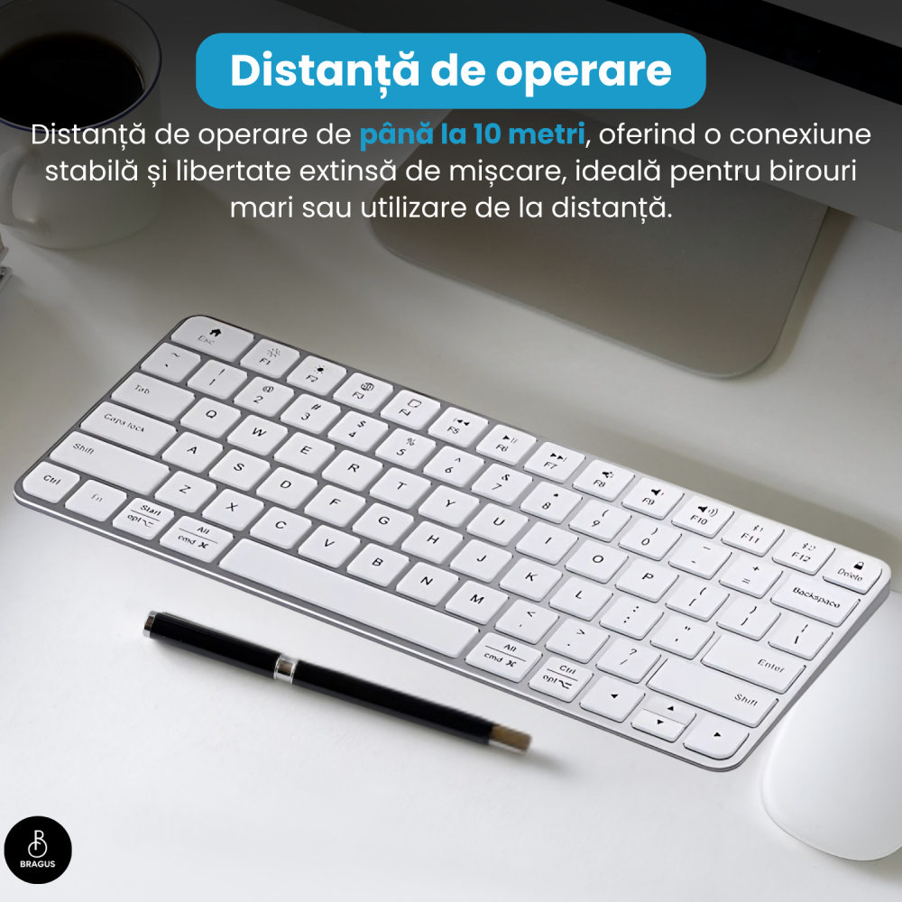Tastatura Wireless Reincarcabila, BRAGUS, Bluetooth 5.1, USB, 500mAh, Ultra Subtire, Aluminiu, Conectare Simultana pe 3 Dispozitive, Compatibila PC, Windows, Mac, iOS, Android, Type-C, 230g [13]