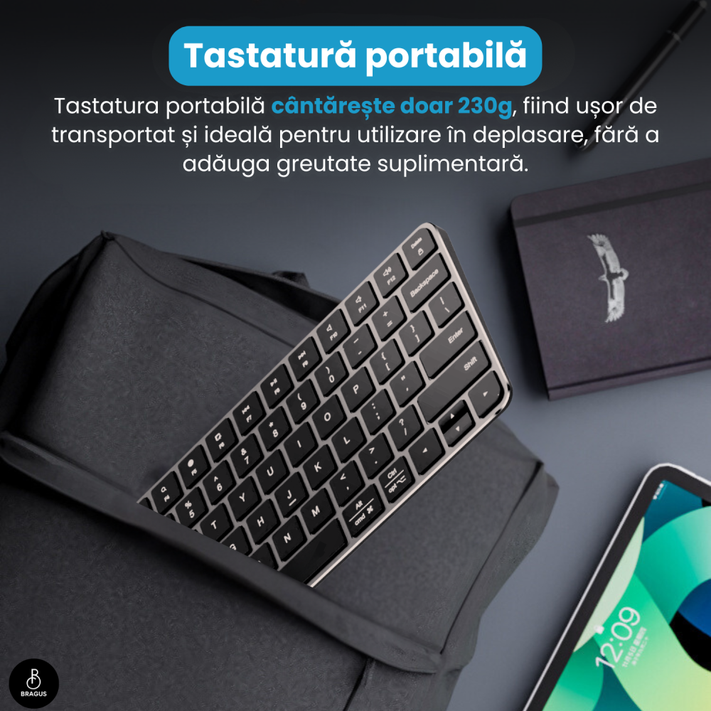Tastatura Wireless Reincarcabila, BRAGUS, Bluetooth 5.1, USB, 500mAh, Ultra Subtire, Aluminiu, Conectare Simultana pe 3 Dispozitive, Compatibila PC, Windows, Mac, iOS, Android, Type-C, 230g [14]