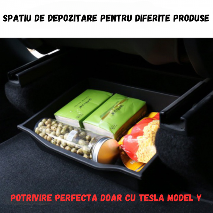 Tavita auto pentru depozitare BRAGUS®, compatibila cu Tesla Model Y 2021-2024, montare sub scaun, din plastic acoperit cu catifea, neagra [4]