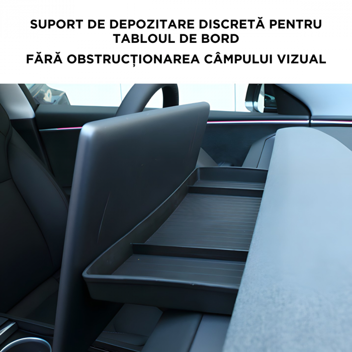 Tavita pentru depozitare compatibila cu Tesla Model 3 Highland, montare in spatele tabletei. compartimentata, BRAGUS®, din plastic, neagra [5]