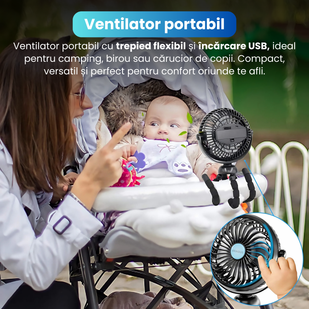 Ventilator Portabil, Trepied Flexibil si Detasabil, Baterie 2600mAh, Autonomie 10h, Reincarcabil USB, 3 Trepte, Rotire 360, Silentios, Ventilator Mobil Birou, Calatorie, Camping, Masina, Casa, Negru [2]