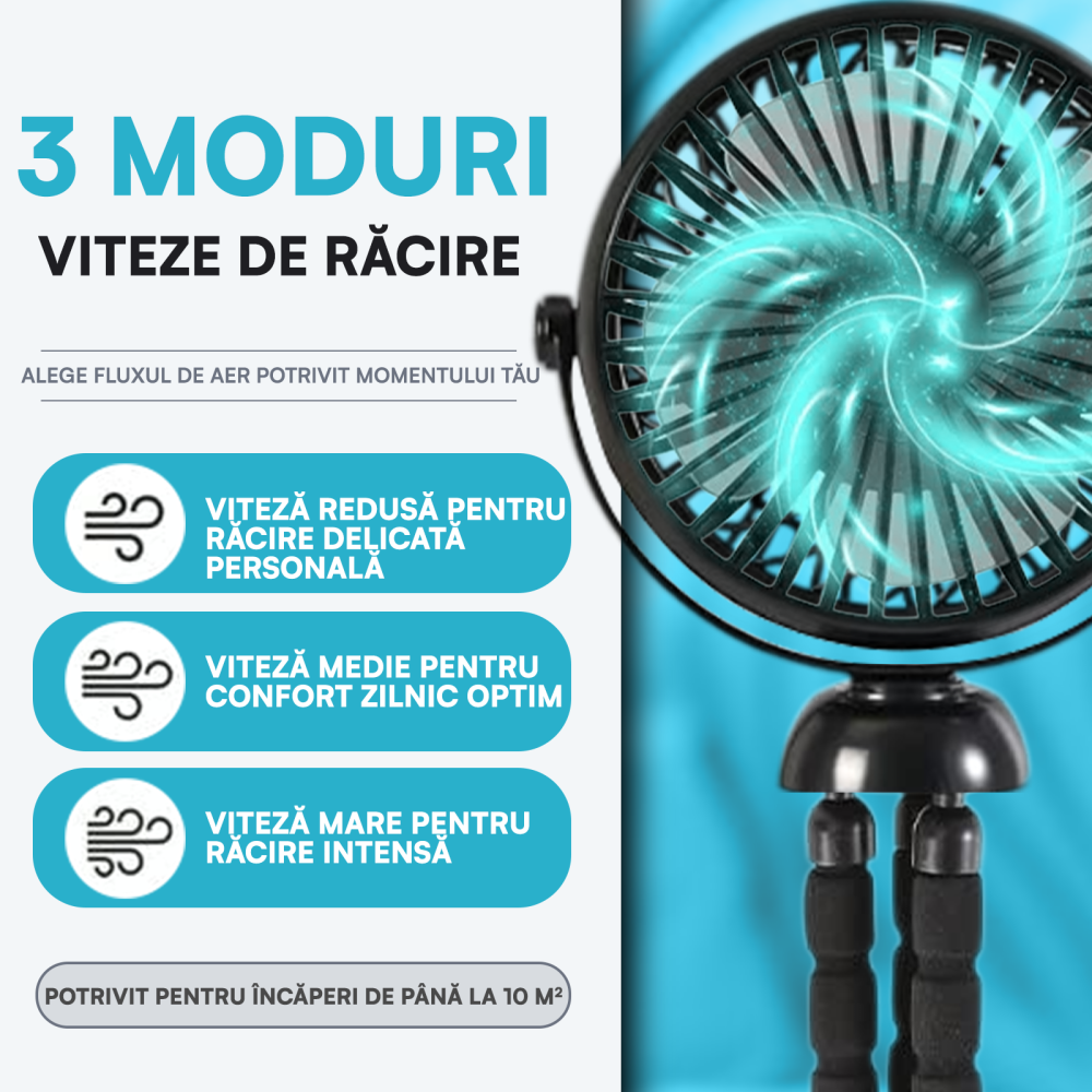 Ventilator Portabil, Trepied Flexibil si Detasabil, Baterie 2600mAh, Autonomie 10h, Reincarcabil USB, 3 Trepte, Rotire 360, Silentios, Ventilator Mobil Birou, Calatorie, Camping, Masina, Casa, Negru [4]