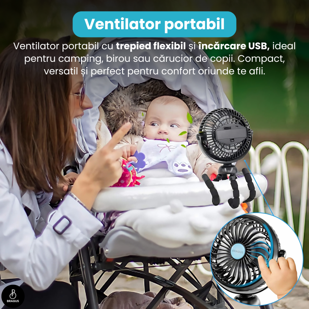 Ventilator Portabil, Trepied Flexibil si Detasabil, Baterie 2600mAh, Autonomie 10h, Reincarcabil USB, 3 Trepte, Rotire 360, Silentios, Ventilator Mobil Birou, Calatorie, Camping, Masina, Casa, Negru [9]