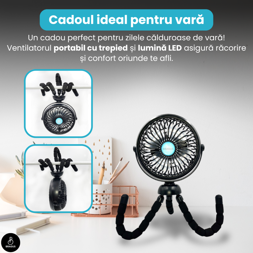 Ventilator Portabil, Trepied Flexibil si Detasabil, Baterie 2600mAh, Autonomie 10h, Reincarcabil USB, 3 Trepte, Rotire 360, Silentios, Ventilator Mobil Birou, Calatorie, Camping, Masina, Casa, Negru [14]