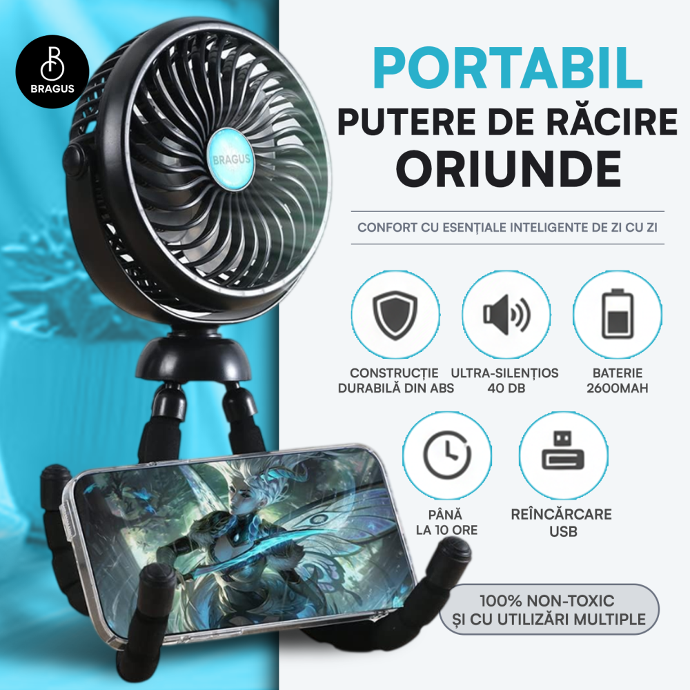 Ventilator Portabil, Trepied Flexibil si Detasabil, Baterie 2600mAh, Autonomie 10h, Reincarcabil USB, 3 Trepte, Rotire 360, Silentios, Ventilator Mobil Birou, Calatorie, Camping, Masina, Casa, Negru [2]