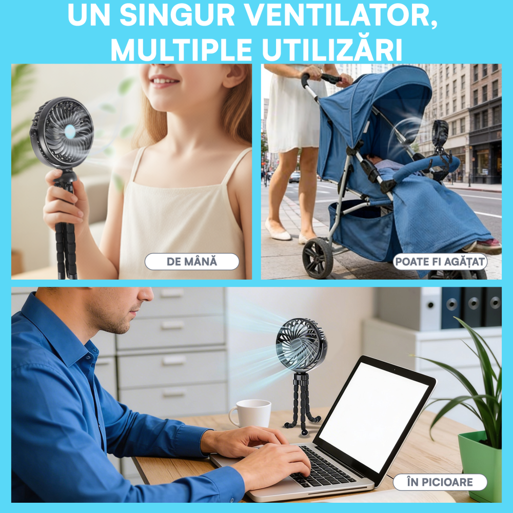 Ventilator Portabil, Trepied Flexibil si Detasabil, Baterie 2600mAh, Autonomie 10h, Reincarcabil USB, 3 Trepte, Rotire 360, Silentios, Ventilator Mobil Birou, Calatorie, Camping, Masina, Casa, Negru [7]