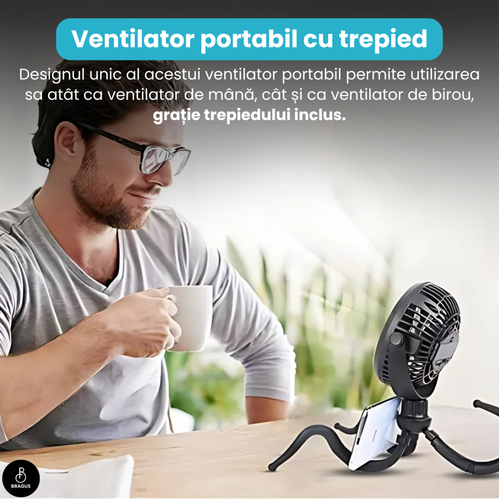 Ventilator Portabil, Trepied Flexibil si Detasabil, Baterie 2600mAh, Autonomie 10h, Reincarcabil USB, 3 Trepte, Rotire 360, Silentios, Ventilator Mobil Birou, Calatorie, Camping, Masina, Casa, Negru [12]