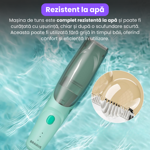 Aparat de Tuns pentru Bebelusi, Copii si Adulti, BRAGUS, 600mAh, 2 Trepte de Viteza, 2 Motoare Silentioase, Functie de Aspirare a Parului, Rezistent la Apa IPX7, Reincarcabil USB, 3 Piepteni Inclusi [2]
