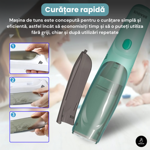 Aparat de Tuns pentru Bebelusi, Copii si Adulti, BRAGUS, 600mAh, 2 Trepte de Viteza, 2 Motoare Silentioase, Functie de Aspirare a Parului, Rezistent la Apa IPX7, Reincarcabil USB, 3 Piepteni Inclusi [10]