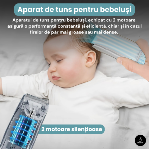 Aparat de Tuns pentru Bebelusi, Copii si Adulti, BRAGUS, 600mAh, 2 Trepte de Viteza, 2 Motoare Silentioase, Functie de Aspirare a Parului, Rezistent la Apa IPX7, Reincarcabil USB, 3 Piepteni Inclusi [8]