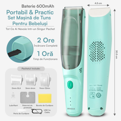 Aparat de Tuns pentru Bebelusi, Copii si Adulti, BRAGUS, 600mAh, 2 Trepte de Viteza, 2 Motoare Silentioase, Functie de Aspirare a Parului, Rezistent la Apa IPX7, Reincarcabil USB, 3 Piepteni Inclusi [2]