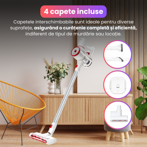 Aspirator vertical fara fir BRAGUS, silentios, iluminare LED, montare pe perete, 2 moduri de aspirare, 170W, 2200 mAh, aspirare maxim 40 min, 15000 Pa, inaltime reglabila, 4 capete incluse, alb [6]
