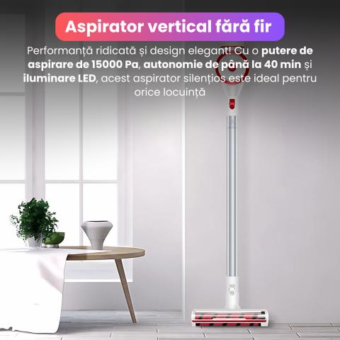 Aspirator vertical fara fir BRAGUS, silentios, iluminare LED, montare pe perete, 2 moduri de aspirare, 170W, 2200 mAh, aspirare maxim 40 min, 15000 Pa, inaltime reglabila, 4 capete incluse, alb [1]