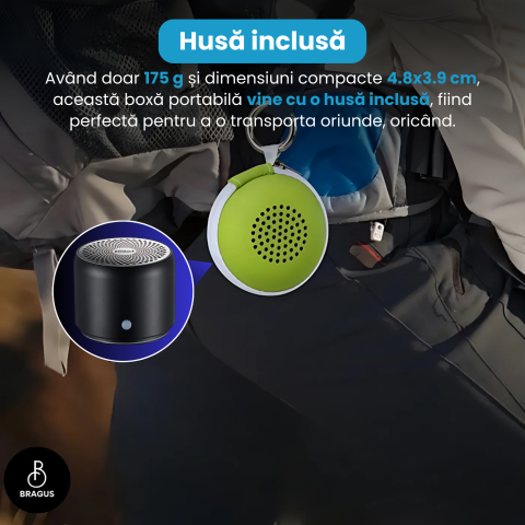 Boxa Portabila Mini, BRAGUS, Boxa Bluetooth 5.0, Rezistenta la Apa IPX7 si Praf, Baterie 700mAh, Autonomie 17h, Bass Puternic, Calitate Audio Excelenta, Stereo, Husa Protectie Inclusa, Wireless, 175g [12]