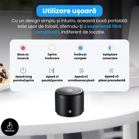 Boxa Portabila Mini, BRAGUS, Boxa Bluetooth 5.0, Rezistenta la Apa IPX7 si Praf, Baterie 700mAh, Autonomie 17h, Bass Puternic, Calitate Audio Excelenta, Stereo, Husa Protectie Inclusa, Wireless, 175g [13]